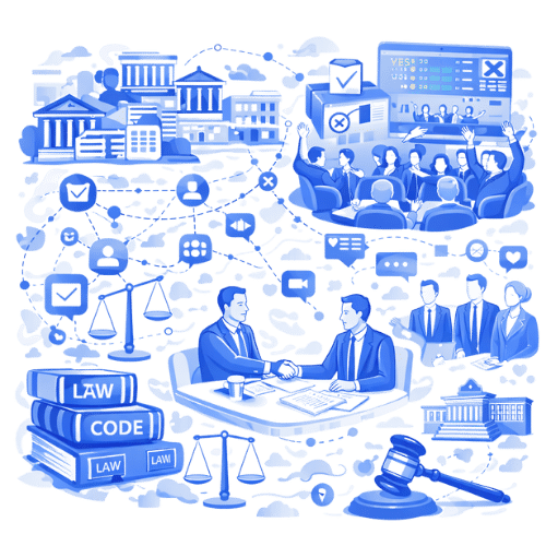 REFORM PARIS - Services de lobbying et de plaidoyer Illustration symbolisant le lobbying et le plaidoyer : analyse juridique, ouvrages de droit, rencontres avec des élus, institutions parlementaires et exécutives, votes à l’Assemblée nationale et travail d’influence institutionnelle.