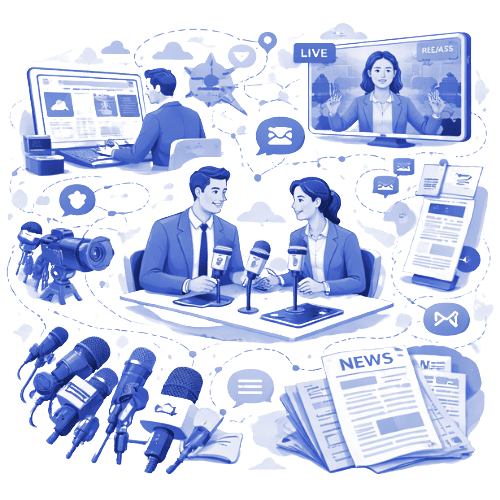 REFORM PARIS - Services de relation presse (1) Illustration des relations presse et médiatiques : veille média, interviews, media training, diffusion de communiqués de presse, microphones, caméras, télévision, ordinateur et smartphone.